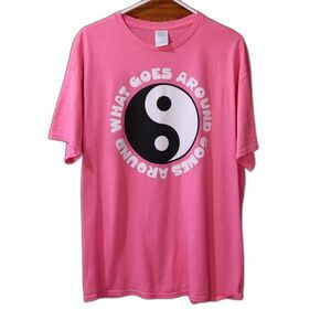 Gildan Vintage Bright Pink Yin Yang Graphic Tee Large 90s Streetwear